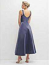Rear View Thumbnail - French Blue Square Neck Satin Midi Dress with Full Skirt & Pockets