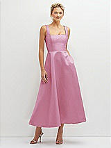 Front View Thumbnail - Powder Pink Square Neck Satin Midi Dress with Full Skirt & Pockets