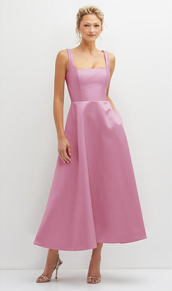 Front View - Powder Pink Square Neck Satin Midi Dress with Full Skirt & Pockets