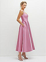 Side View Thumbnail - Powder Pink Square Neck Satin Midi Dress with Full Skirt & Pockets