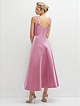 Rear View Thumbnail - Powder Pink Square Neck Satin Midi Dress with Full Skirt & Pockets