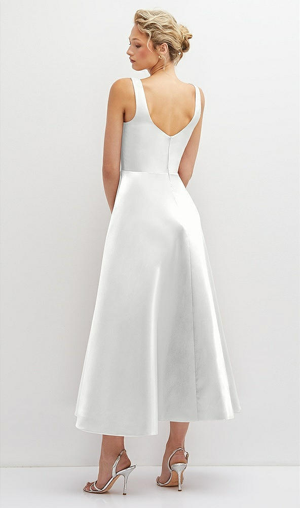 Back View - White Square Neck Satin Midi Dress with Full Skirt & Pockets