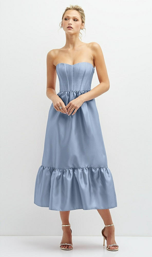 Front View - Cloudy Strapless Satin Midi Corset Dress with Lace-Up Back & Ruffle Hem