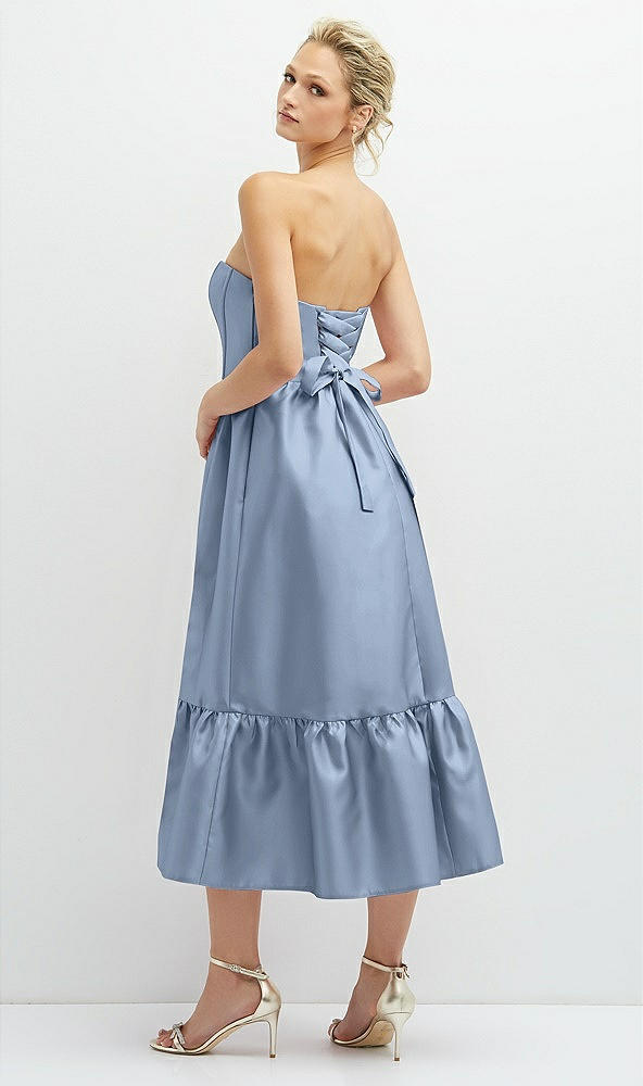 Back View - Cloudy Strapless Satin Midi Corset Dress with Lace-Up Back & Ruffle Hem