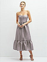 Front View Thumbnail - Cashmere Gray Strapless Satin Midi Corset Dress with Lace-Up Back & Ruffle Hem