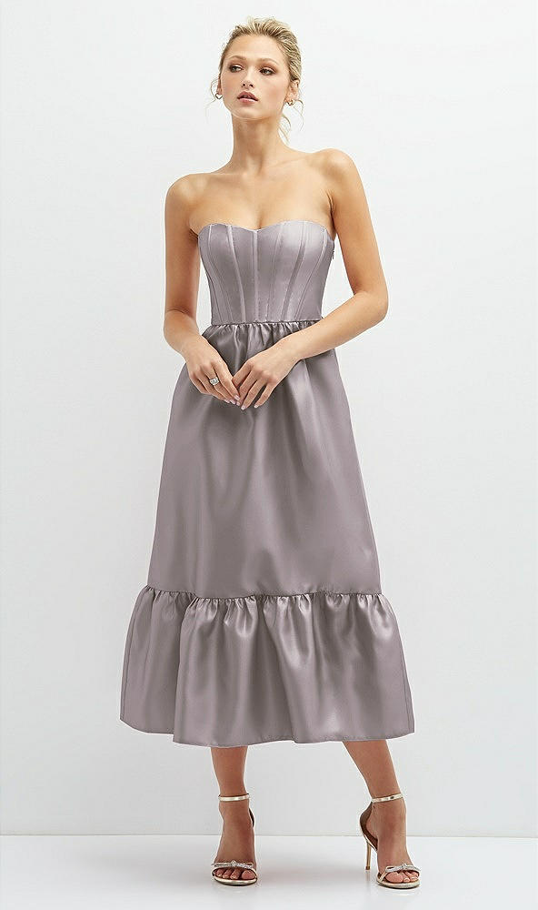 Front View - Cashmere Gray Strapless Satin Midi Corset Dress with Lace-Up Back & Ruffle Hem