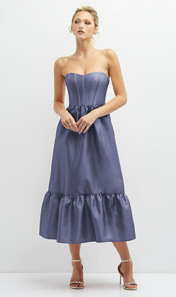 Front View - French Blue Strapless Satin Midi Corset Dress with Lace-Up Back & Ruffle Hem