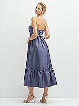 Rear View Thumbnail - French Blue Strapless Satin Midi Corset Dress with Lace-Up Back & Ruffle Hem