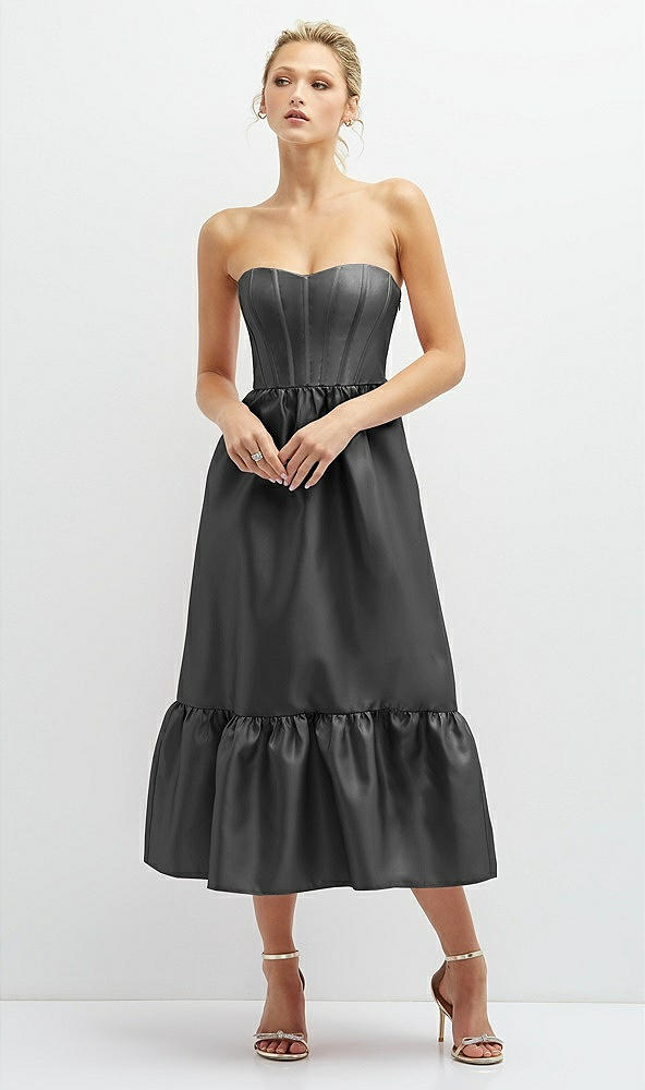 Front View - Pewter Strapless Satin Midi Corset Dress with Lace-Up Back & Ruffle Hem