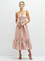 Front View Thumbnail - Toasted Sugar Strapless Satin Midi Corset Dress with Lace-Up Back & Ruffle Hem
