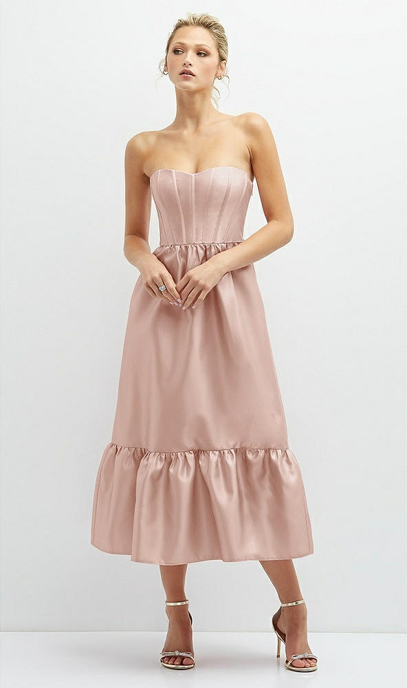 Front View - Toasted Sugar Strapless Satin Midi Corset Dress with Lace-Up Back & Ruffle Hem