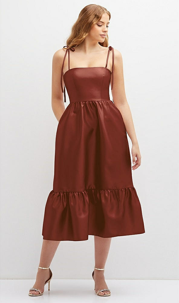 Front View - Auburn Moon Shirred Ruffle Hem Midi Dress with Self-Tie Spaghetti Straps and Pockets