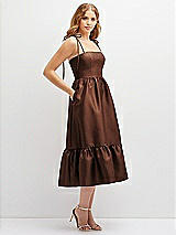 Side View Thumbnail - Cognac Shirred Ruffle Hem Midi Dress with Self-Tie Spaghetti Straps and Pockets