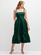 Front View Thumbnail - Hunter Green Shirred Ruffle Hem Midi Dress with Self-Tie Spaghetti Straps and Pockets