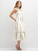 Side View Thumbnail - Ivory Shirred Ruffle Hem Midi Dress with Self-Tie Spaghetti Straps and Pockets