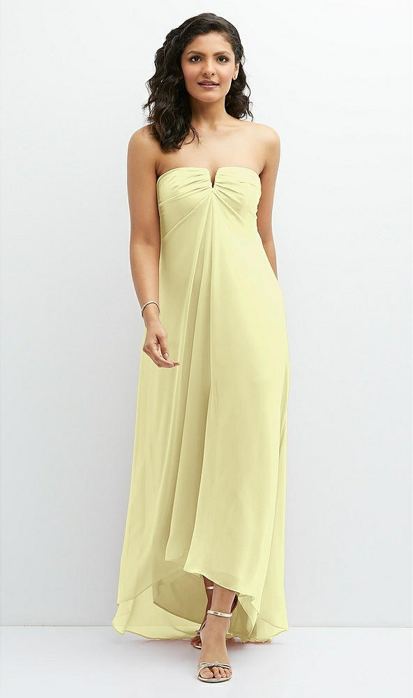 Front View - Butter Yellow Strapless Draped Notch Neck Chiffon High-Low Dress