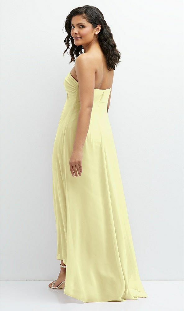 Back View - Butter Yellow Strapless Draped Notch Neck Chiffon High-Low Dress