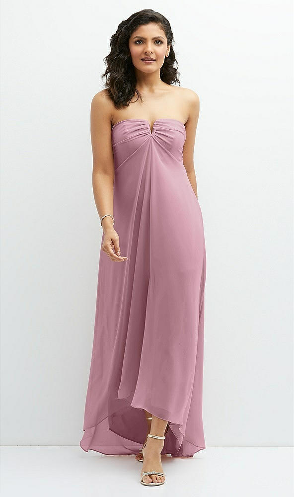 Front View - Dusty Pink Strapless Draped Notch Neck Chiffon High-Low Dress