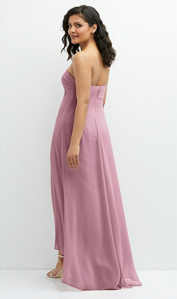 Back View - Dusty Pink Strapless Draped Notch Neck Chiffon High-Low Dress