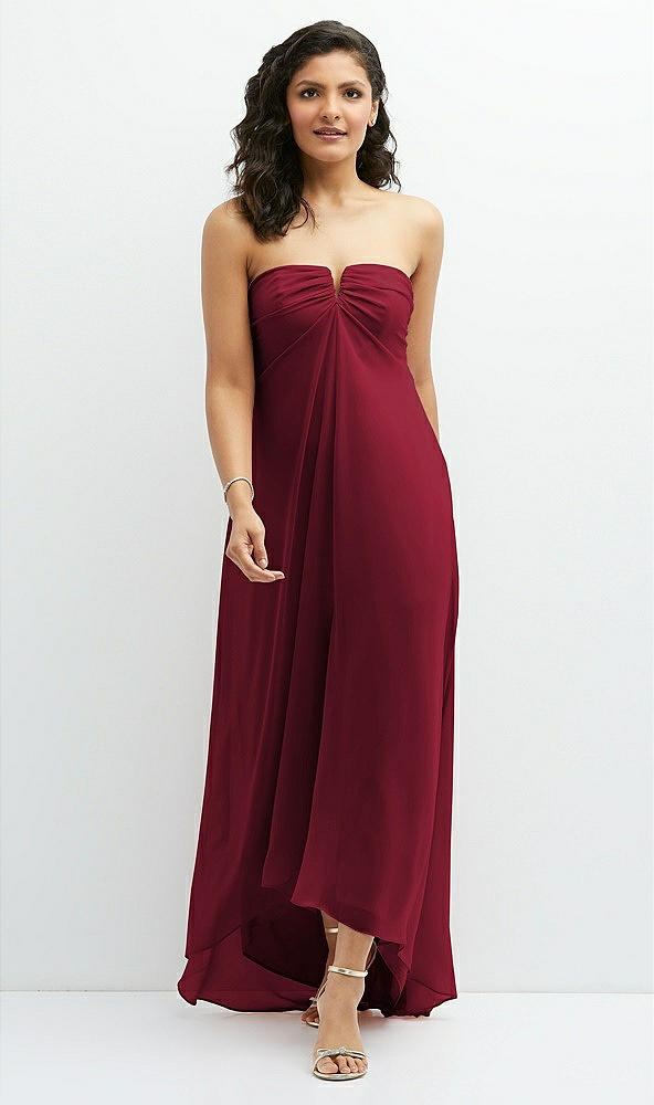 Front View - Burgundy Strapless Draped Notch Neck Chiffon High-Low Dress