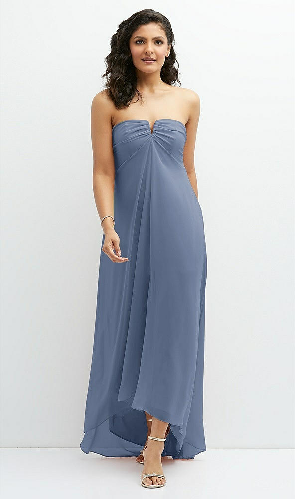 Front View - Larkspur Blue Strapless Draped Notch Neck Chiffon High-Low Dress