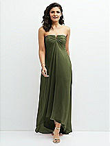 Front View Thumbnail - Olive Green Strapless Draped Notch Neck Chiffon High-Low Dress