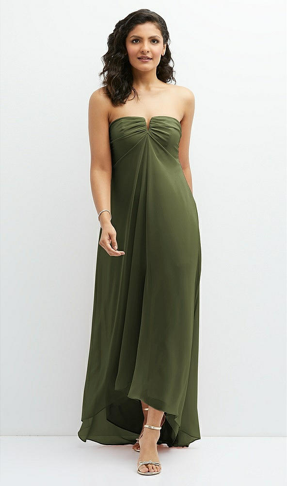 Front View - Olive Green Strapless Draped Notch Neck Chiffon High-Low Dress