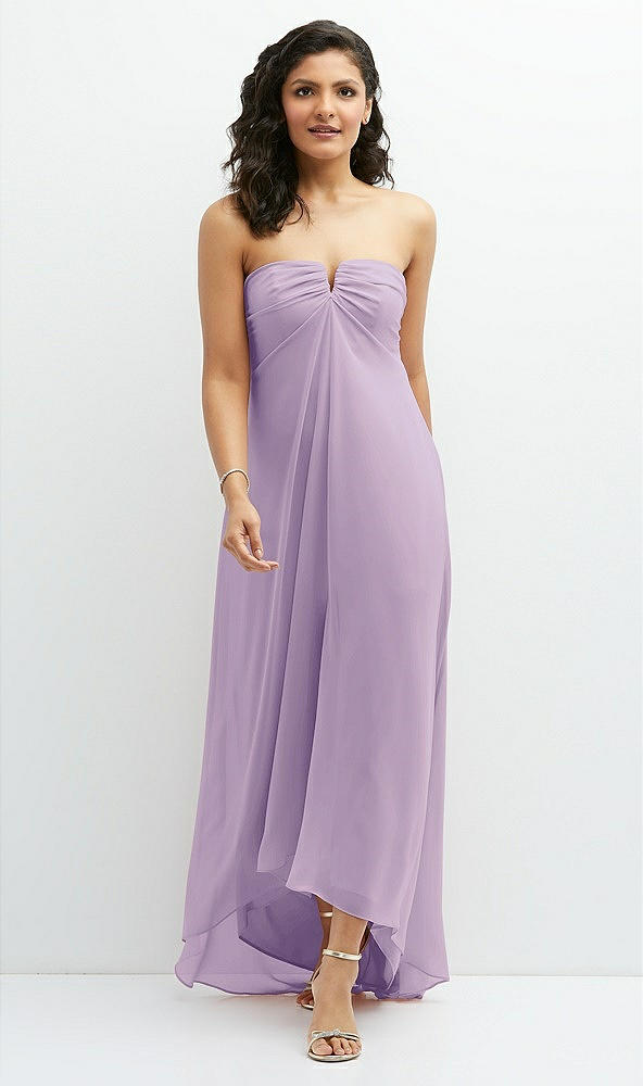 Front View - Pale Purple Strapless Draped Notch Neck Chiffon High-Low Dress