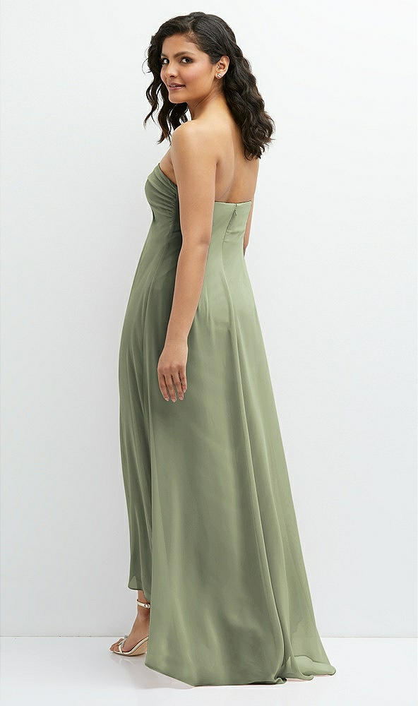 Back View - Sage Strapless Draped Notch Neck Chiffon High-Low Dress