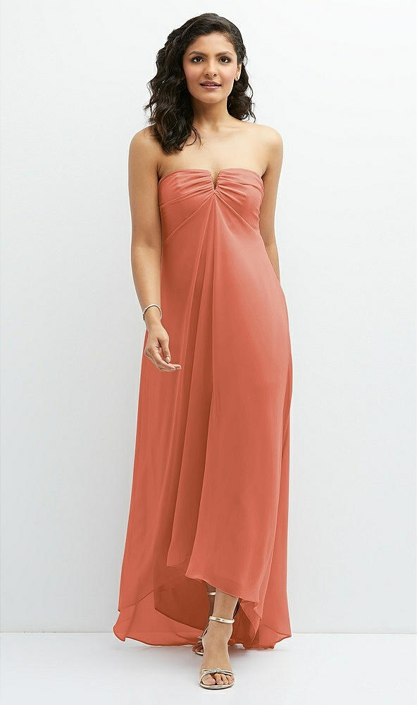 Front View - Terracotta Copper Strapless Draped Notch Neck Chiffon High-Low Dress