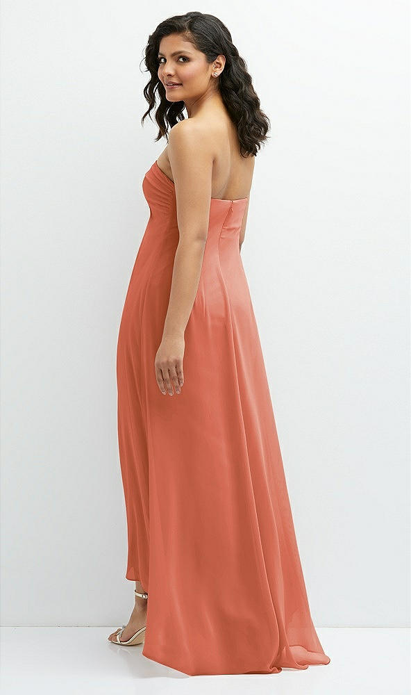 Back View - Terracotta Copper Strapless Draped Notch Neck Chiffon High-Low Dress