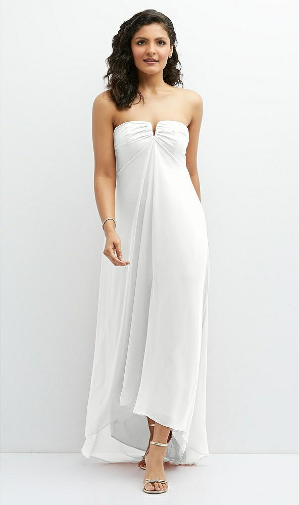 Front View - White Strapless Draped Notch Neck Chiffon High-Low Dress