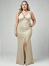 Alt View 1 Thumbnail - Champagne Plunge Halter Open-Back Maxi Bias Dress with Low Tie Back
