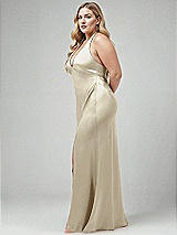 Alt View 2 Thumbnail - Champagne Plunge Halter Open-Back Maxi Bias Dress with Low Tie Back