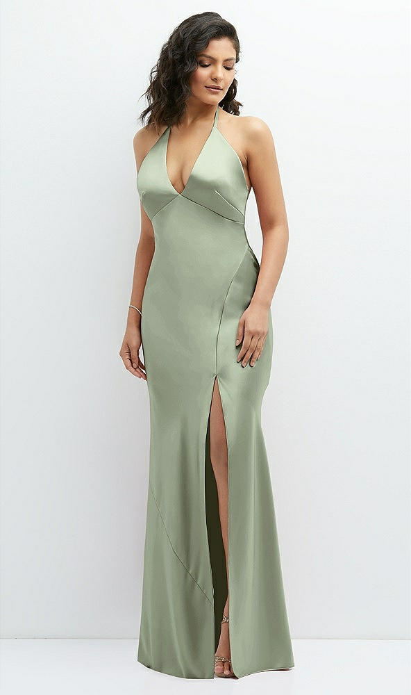 Front View - Sage Plunge Halter Open-Back Maxi Bias Dress with Low Tie Back