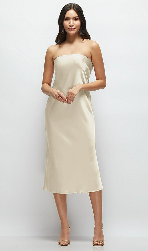 Front View - Champagne Strapless Midi Bias Column Dress with Peek-a-Boo Corset Back