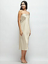 Side View Thumbnail - Champagne Strapless Midi Bias Column Dress with Peek-a-Boo Corset Back