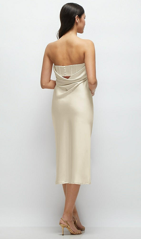 Back View - Champagne Strapless Midi Bias Column Dress with Peek-a-Boo Corset Back