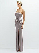 Side View Thumbnail - Cashmere Gray Strapless Topstitched Corset Satin Maxi Dress with Draped Column Skirt