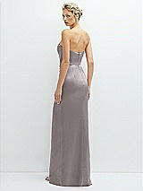 Rear View Thumbnail - Cashmere Gray Strapless Topstitched Corset Satin Maxi Dress with Draped Column Skirt