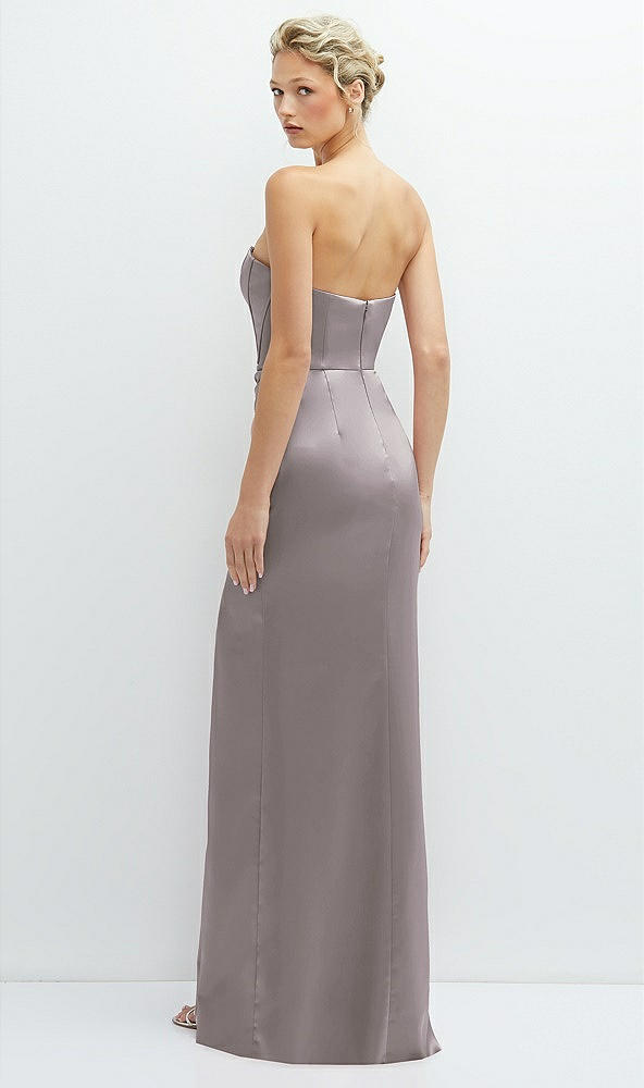 Back View - Cashmere Gray Strapless Topstitched Corset Satin Maxi Dress with Draped Column Skirt