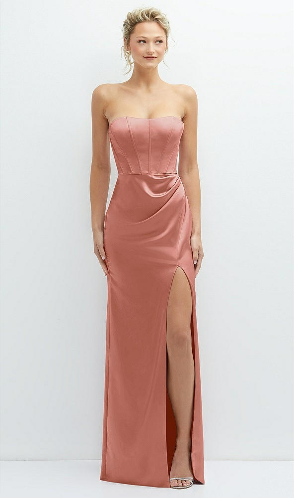 Front View - Desert Rose Strapless Topstitched Corset Satin Maxi Dress with Draped Column Skirt