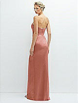Rear View Thumbnail - Desert Rose Strapless Topstitched Corset Satin Maxi Dress with Draped Column Skirt