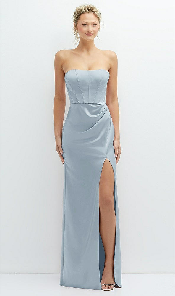 Front View - Mist Strapless Topstitched Corset Satin Maxi Dress with Draped Column Skirt