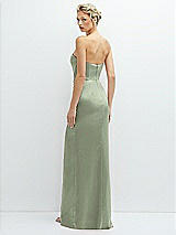 Rear View Thumbnail - Sage Strapless Topstitched Corset Satin Maxi Dress with Draped Column Skirt