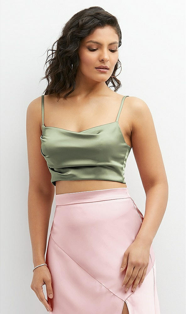 Front View - Sage Satin Mix-and-Match Draped Midriff Top