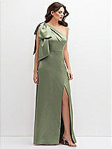 Front View Thumbnail - Sage One-Shoulder Satin Maxi Dress with Chic Oversized Shoulder Bow