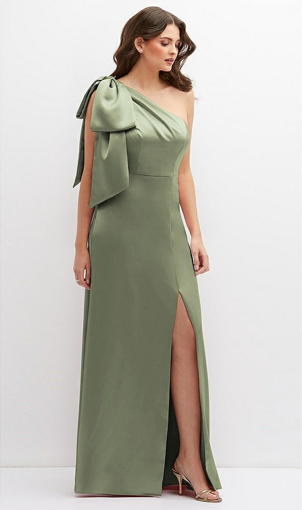 Front View - Sage One-Shoulder Satin Maxi Dress with Chic Oversized Shoulder Bow
