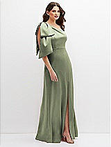 Side View Thumbnail - Sage One-Shoulder Satin Maxi Dress with Chic Oversized Shoulder Bow