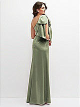 Rear View Thumbnail - Sage One-Shoulder Satin Maxi Dress with Chic Oversized Shoulder Bow